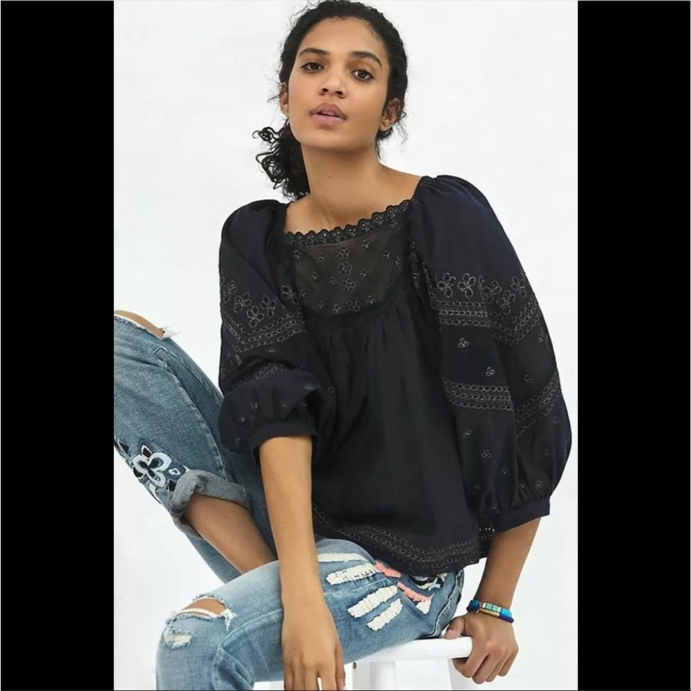 Anthropologie Jaslyn Embroidered Lace Blouse Navy xs